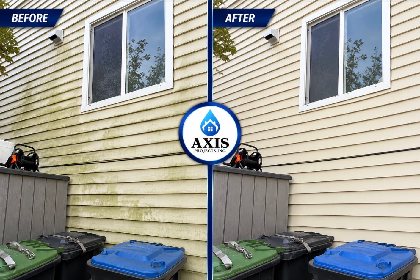 Home vinyl siding before and after soft washing by Axis Projects, heavy green algae removed