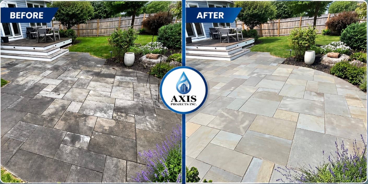 Stone patio before and after pressure washing by Axis Projects