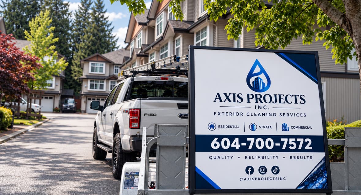 Axis Projects branded sign and service truck at a Greater Vancouver townhome complex